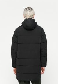 Black puffer coat with a hood, featuring horizontal quilted pattern, mid-length design, and smooth texture. Plain back without embellishments.