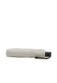 Compact umbrella in light beige fabric, with a black handle and strap featuring "TOM TAILOR" branding. Smooth texture, cylindrical shape.