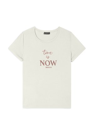T-shirt in cotone grigio chiaro con maniche corte e scollatura rotonda. Presenta la scritta "il momento è ADESSO" in lettere metalliche color oro rosa.