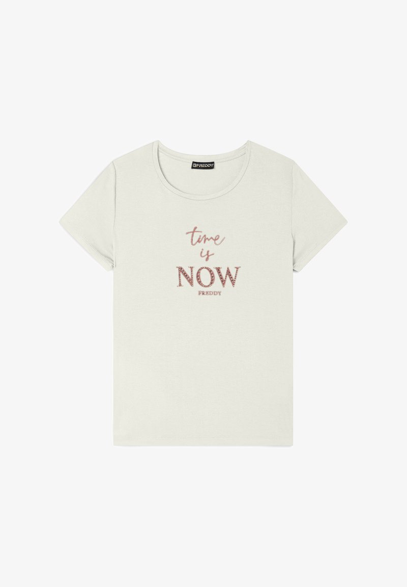 T-shirt in cotone grigio chiaro con maniche corte e scollatura rotonda. Presenta la scritta "il momento è ADESSO" in lettere metalliche color oro rosa.