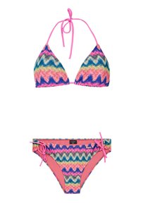 Completo bikini con un motivo a onde colorato in tonalità di rosa, blu e verde. Il top ha una forma a triangolo con spalline da legare; il fondo ha legature laterali.