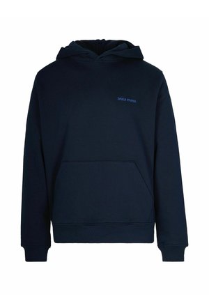 Felpa navy in morbido tessuto, con tasca frontale, polsini a coste e un logo blu "DAILY PAPER" sul petto.