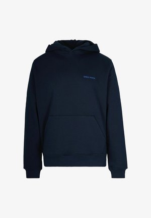 Felpa navy in morbido tessuto, con tasca frontale, polsini a coste e un logo blu "DAILY PAPER" sul petto.