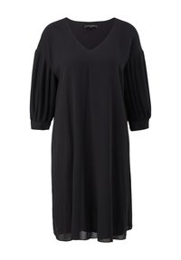 Robe noire longueur genoux avec décolleté en V et manches ballon plissées trois-quarts, coupe ample, et extrémités à revers.
