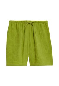 Groene katoenen shorts met een gestructureerde afwerking, elastische tailleband en trekkoord. Casual ontwerp, knielang met zijnaad.