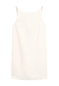 Ärmelloses, knielanges Kleid aus hellcremigem Stoff. Glatte Textur mit einer einfachen, geraden Silhouette und dünnen Schulterträgern.