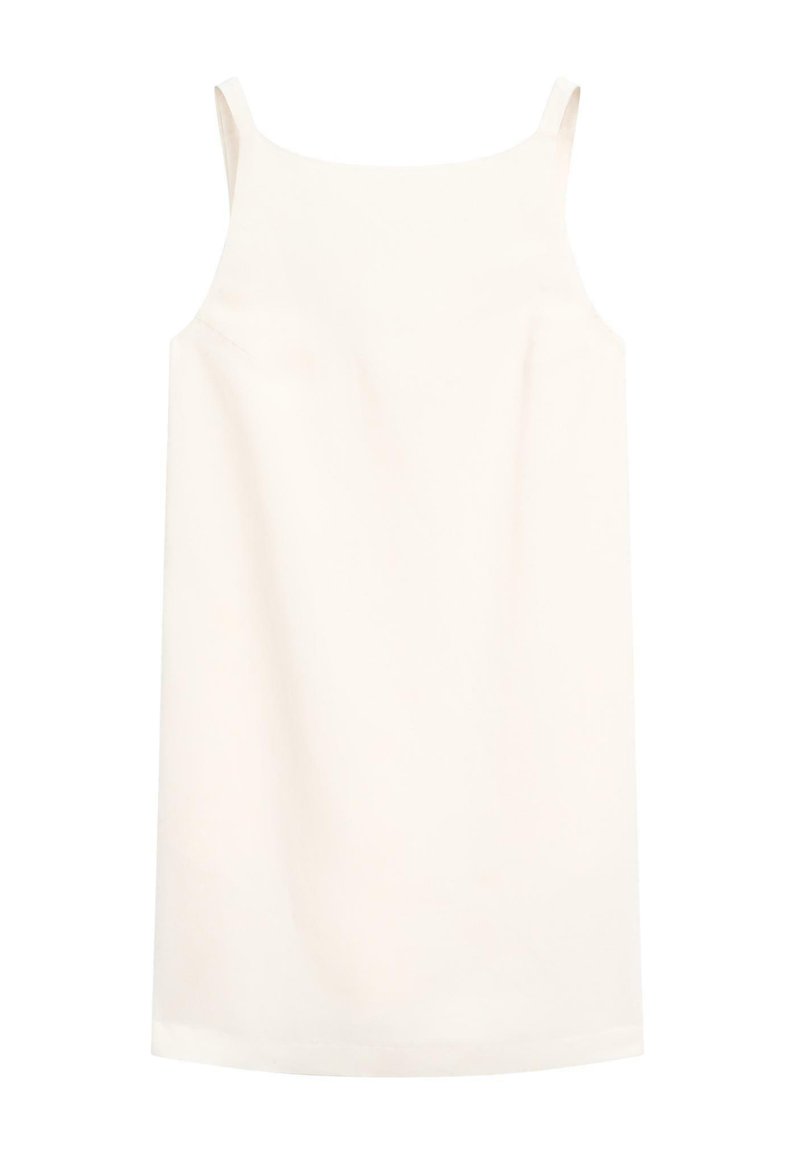 Ärmelloses, knielanges Kleid aus hellcremigem Stoff. Glatte Textur mit einer einfachen, geraden Silhouette und dünnen Schulterträgern.
