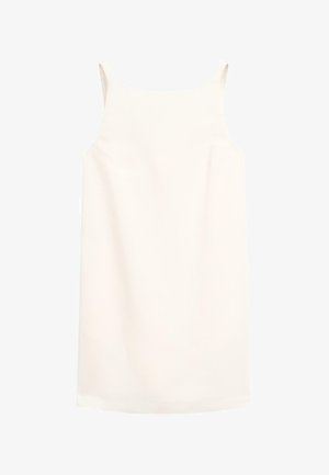 Robe sans manches, longueur genou en tissu crème clair. Texture lisse avec une silhouette droite simple et de fines bretelles.