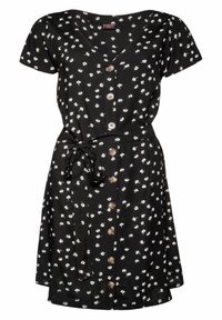 Robe noire avec imprimé floral blanc, manches courtes, décolleté en v et taille nouée. Comprend un devant à boutons et une jupe évasée.