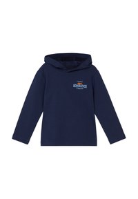 Navyblaue Kapuzenpullover aus weichem Stoff, mit langen Ärmeln und einem grafischen Frontetikett mit Bergdesign.