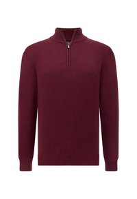 Bordeauxfarbener Pullover mit einem Reißverschluss am Viertelkragen, gerippten Bündchen und Saum. Hergestellt aus weichem, strukturiertem Stoff. Klassische Passform.
