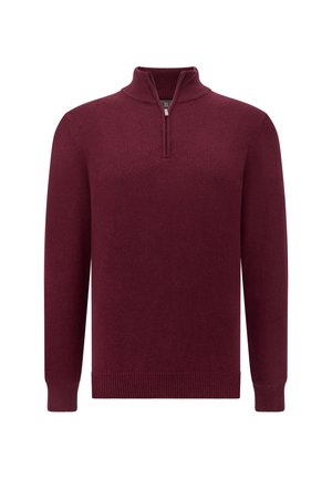 Bordeaux trui met een rits bij de kwartnek, ribgebreide manchetten en onderrand. Gemaakt van zachte, gestructureerde stof. Klassieke pasvorm.