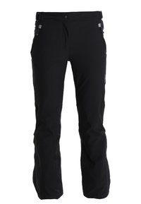 Pantalones impermeables negros con un corte holgado, que cuentan con cierre de botones, trabillas para cinturón y bolsillos laterales con cremallera para almacenamiento funcional.