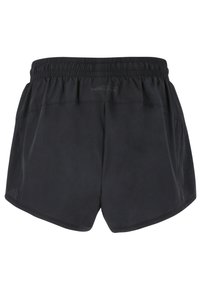 Pantalones cortos deportivos negros con una textura suave, cintura elástica y paneles laterales perforados para ventilación. Diseño simple y funcional.