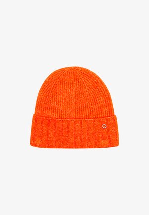 Bright orange ribbed knit beanie with a folded cuff and a small round metallic logo on the cuff's right side.