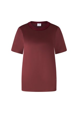 Bordeaux T-shirt met korte mouwen en een ronde hals, gemaakt van een gladde stof, met een subtiele logodetail nabij de zoom.