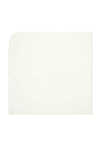 White blanket with a smooth texture, featuring a simple rectangular shape and rounded corners. Edges are subtly stitched.