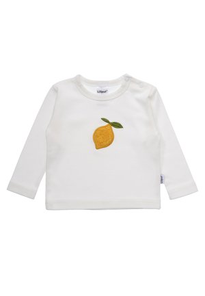 Weißes Babyshirt mit langen Ärmeln, gelber Zitronen- und grüner Blätterstickerei auf der Brust und Druckknöpfen an der Schulter.