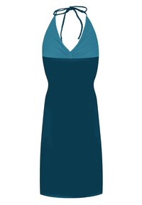 Halterneck-Kleid mit einem zweifarbigen Design, wobei der obere Teil hellblau und der untere Teil dunkelblau ist. Aus glattem Stoff gefertigt, hat es eine taillierte Silhouette.