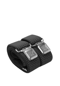 Schwarzes Texturband mit mattem Finish, ausgestattet mit zwei quadratischen metallischen Schnallen, die mit einem Design geprägt sind, gesichert mit silbernem Zubehör.