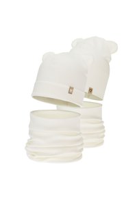 White knit beanie set featuring two hats with bear ears and three textured neck gaiters, all made from soft, stretchable fabric.