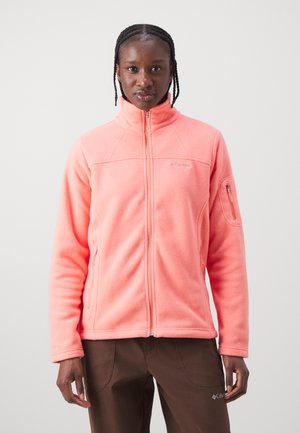 Fleece jack in felle roze met een volledige ritssluiting aan de voorkant, hoge kraag en ritszakken. Glad textuur en gestructureerde naden.