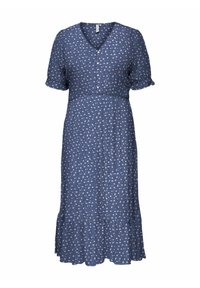 Abito floreale blu realizzato in tessuto leggero, con scollo a V, maniche corte, dettagli con bottoni e orlo arricciato.