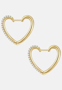 Zlate, srčaste uhane z gladko površino in vrsto prozornih, svetlečih kristalov ob enem robu.