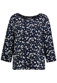 Navybluse mit Dreiviertelärmeln, mit einem Blumenmuster in Weiß und Blau, aus weichem Stoff und mit Rundhalsausschnitt.