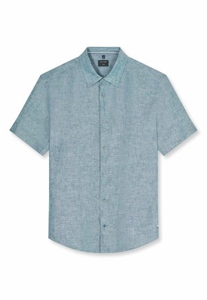 Hellblaues Leinenhemd mit kurzen Ärmeln, Knopfleiste vorne und klassischem Kragen, Größe M, flach auf weißem Hintergrund liegend.