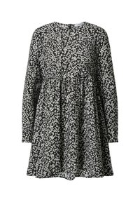 Schwarzes Kleid mit weißem Blumenmuster, langen Ärmeln, runder Halslinie, geraffter Taille und einem Reißverschluss im Rücken. Mischgewebe aus Baumwolle.