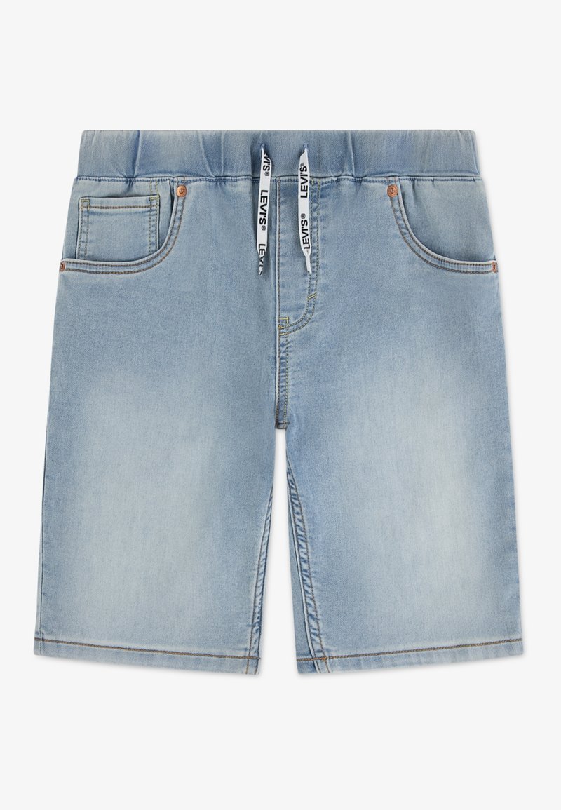 Short en denim bleu clair avec taille élastique et cordons blancs de la marque Levi's, doté de poches avant et de détails délavés.