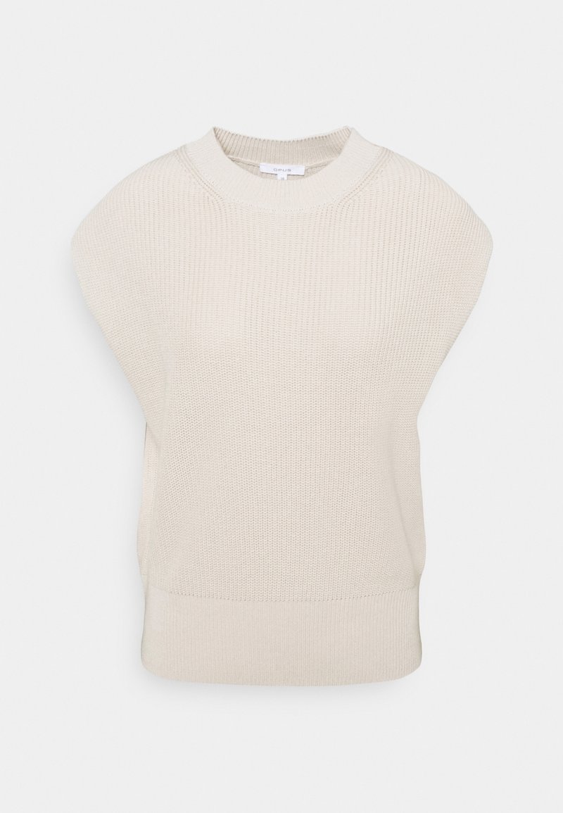 Pull sans manches beige en maille avec col rond et ourlet côtelé, présenté sur un fond blanc uni.
