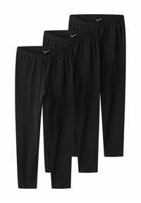 Ensemble de leggings noirs, trois paires ; tissu extensible, taille élastique, forme ajustée, texture lisse, longueur cheville, sans motifs ni embellissements.