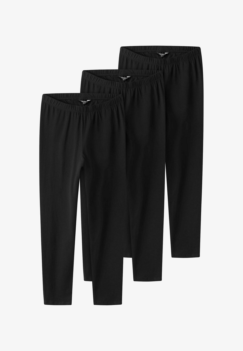 Črni legging set, tri para; raztegljiv material, elastičen pas, oprijet kroj, gladka tekstura, dolžina do gležnjev, brez vzorcev ali okrasnih elementov.