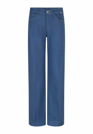 Blauwe denim jeans met rechte pijpen, voorzakken, riemlussen en knoopsluiting.