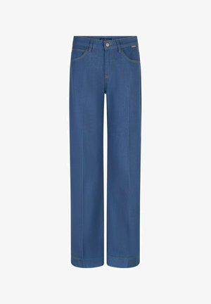 Blauwe denim jeans met rechte pijpen, voorzakken, riemlussen en knoopsluiting.
