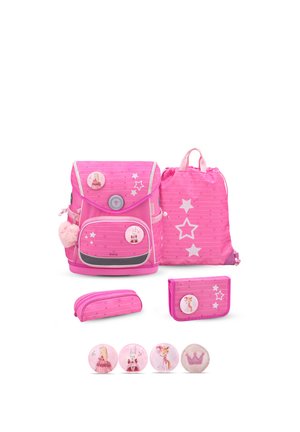 Pink children's school backpack set with star patterns, matching drawstring bag, pencil case, wallet, and four decorative badges with animal and crown designs.
