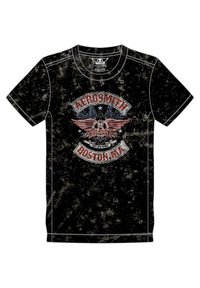 Black cotton t-shirt featuring a distressed texture, round neckline, short sleeves, and a front graphic with an eagle and "AEROSMITH BOSTON, MA."