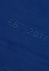 Blauer Stoff mit strukturiertem, besticktem Text "EST. 2017." Sichtbare Stickdetails heben das strukturierte Aussehen des Materials hervor.