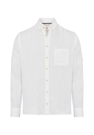 White long-sleeve shirt in linen with a button-down collar, featuring a single chest pocket, and button cuffs with light beige buttons.
