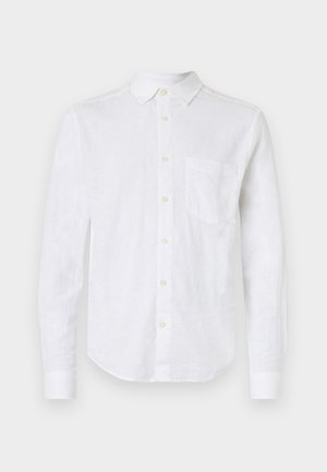 White linen long-sleeve shirt with a button-down collar, front pocket, and pearly buttons. Features a curved hem and textured fabric.