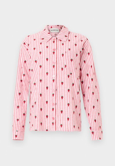 Long-sleeve pink and white striped shirt with red strawberry patterns and front buttons, featuring a collar and chest pocket.