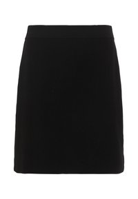 Svart mini kjol gjord av slät tyg. Har ett enkelt elastiskt midjeband och en rak design, utan ytterligare mönster eller accentfärger.