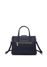 Borsa a mano in pelle blu navy con design strutturato, doppi manici, tracolla rimovibile, tasca frontale con cerniera e dettagli in metallo dorato.