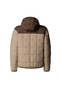 Podložena jakna z bež telesom in rjavim zgornjim delom. Ima kapuco, vodoravno šivanje in elastične manšete. Material je videti gladek.