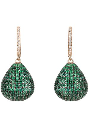Drop earrings featuring a teardrop shape, adorned with green stones and a shimmering crystal accent on the gold-tone hoop.