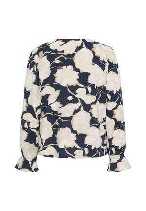 Tumesinine pluus kreemika lillemustriga, tekstuuriga kangas, pikad varrukad kergete volangidega, ümar kaelus ja lõtv istuvus.