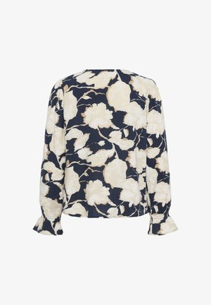 Blouse marine avec un motif floral crème, en tissu texturé, manches longues avec de légers volants, col rond et coupe ample.