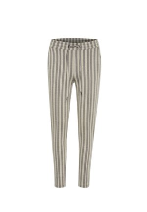 Csíkos, szürke és bézs színű, alakot követő nadrág, textúrált anyagból, rugalmas derékkal és zsinórral, oldalsó zsebekkel.